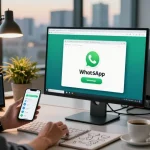 Professional using WhatsApp電腦版 in a modern office workspace with technology elements.