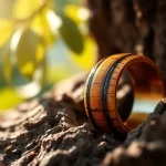 Showcase of a Whiskey Barrel Wedding Band highlighting unique grains and rustic elegance.