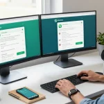 Using WhatsApp電腦版 on a desktop computer in a modern workspace with natural light and tech elements