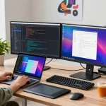 Innovative workspace for software development featuring snipaste官网, dual monitors displaying code, and greenery.