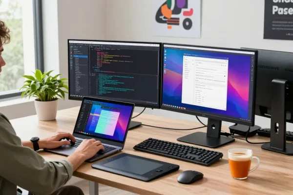 Innovative workspace for software development featuring snipaste官网, dual monitors displaying code, and greenery.