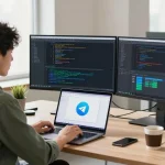 Developer using telegram中文版下载 interface on modern workspace setup with dual monitors.