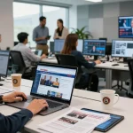 Journalists collaborating in a modern newsroom featuring live news updates from https://www.theindaily.com.