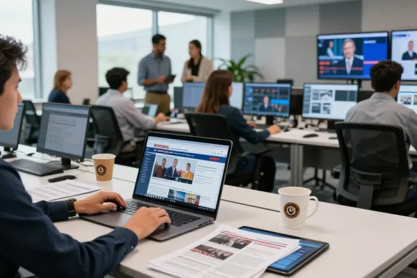Journalists collaborating in a modern newsroom featuring live news updates from https://www.theindaily.com.