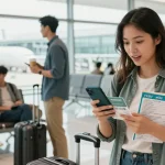 Scène de voyageur vérifiant son eSIM Voyage dans un aéroport animé, entouré de bagages et de voyageurs.