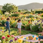 Experience the beauty of Capay Valley Garden Tour as tourists enjoy vibrant flower fields and nature, highlighting https://www.thecapayvalleygardentour.com.
